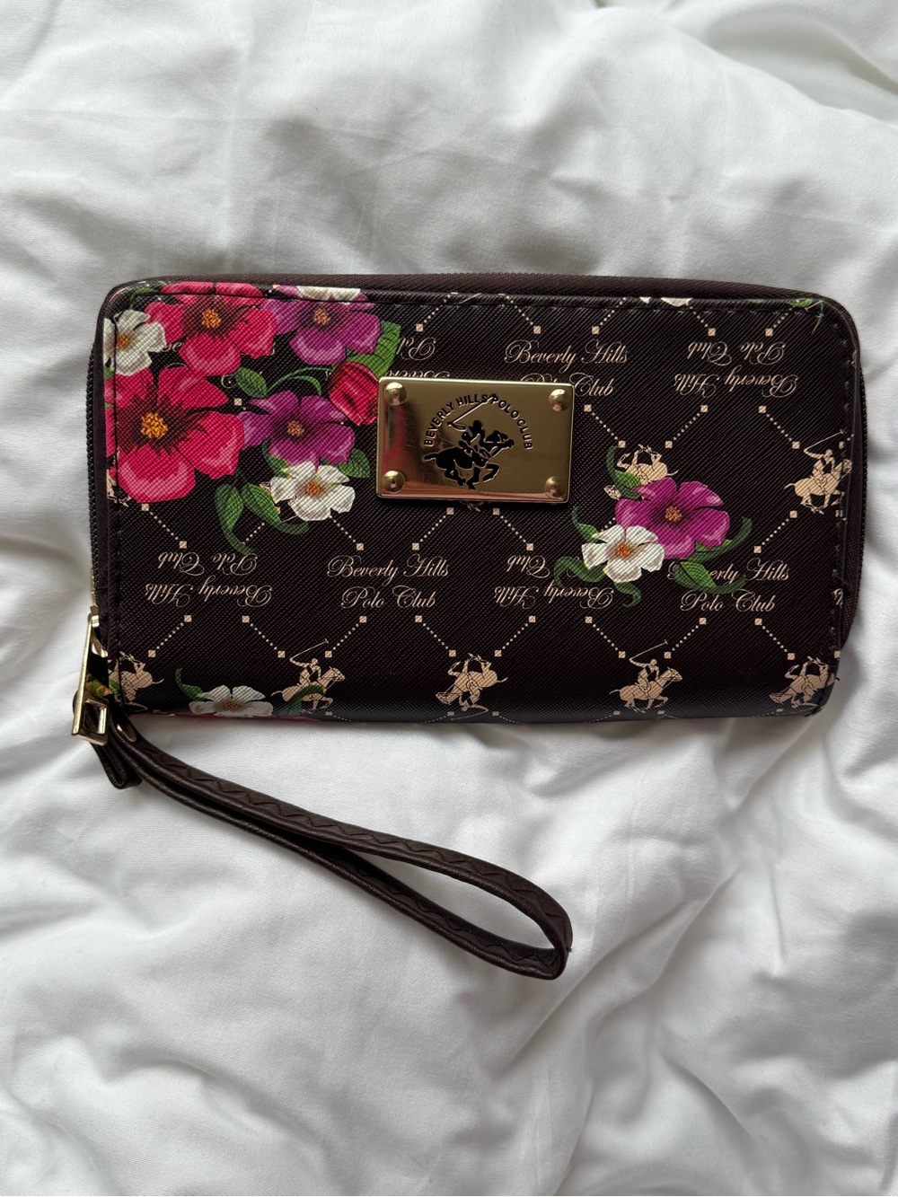 Beverly Hills Polo Club Brown Floral Zip Wristlet with Gold Plaque